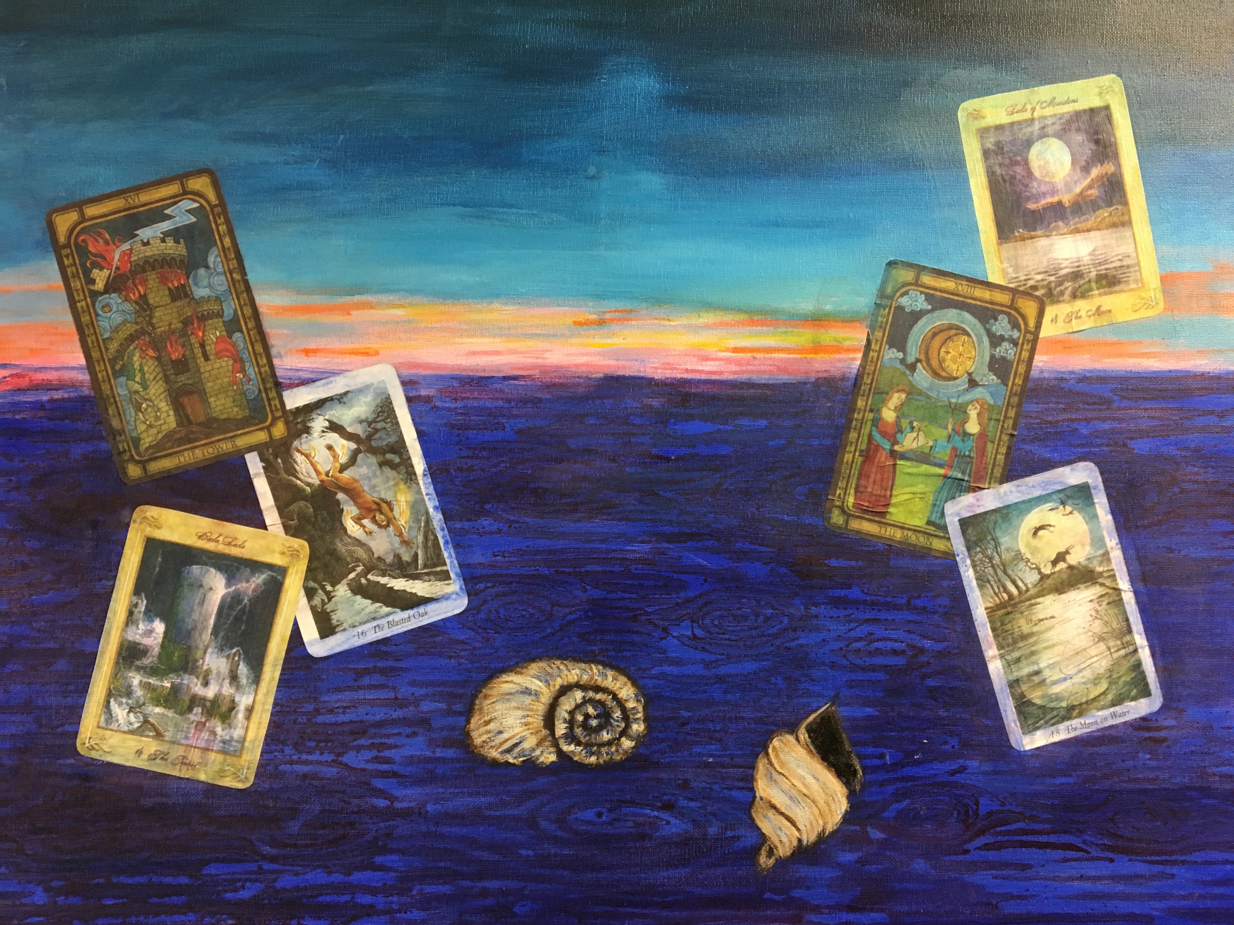 tarot cards, seashells, and an abstract background